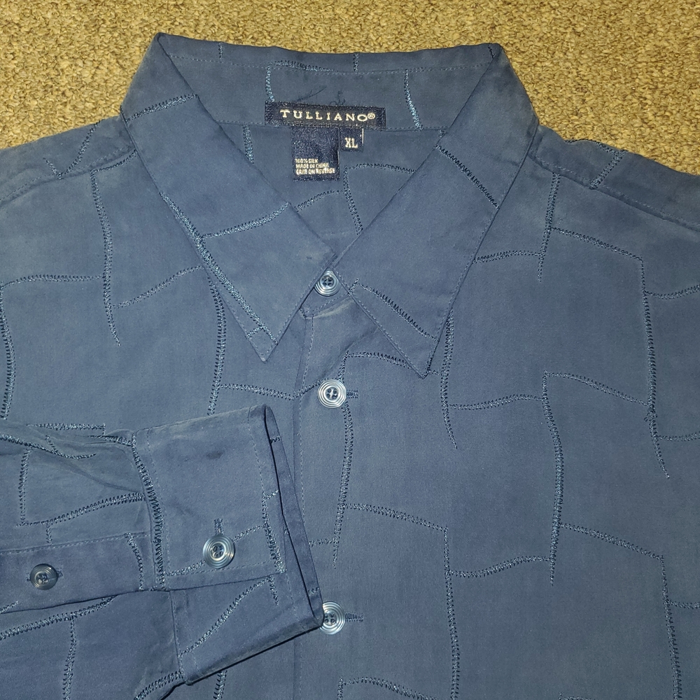 Tulliano Long Sleeve Button Down Shirt XL 100% Silk Dark Blue